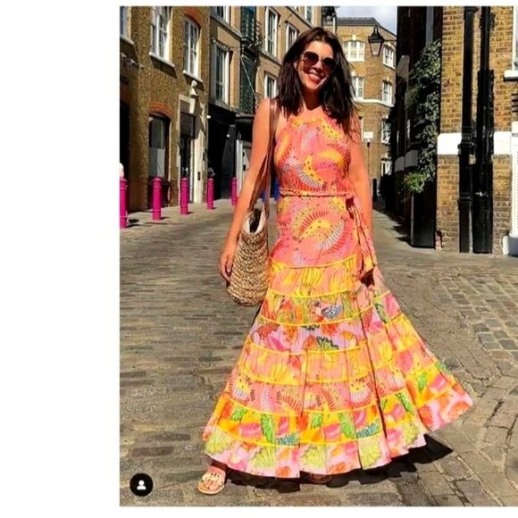 FARM Rio Maxi Dress XL Mixed Prints Floral Tiered Strappy Halter Pink - Picture 13 of 16